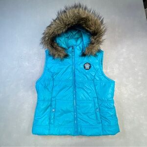 Aeropostale Hooded Puffer Vest Removable Fur Trim Hat Full Zip Women's XL Y2K